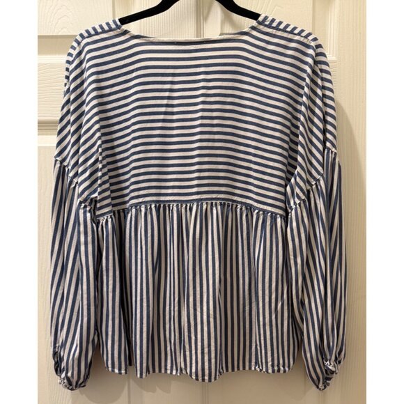 Madewell Blue & White Striped V-Neck Peplum Blouse With Long Balloon Sleeves Siz - Picture 2 of 9